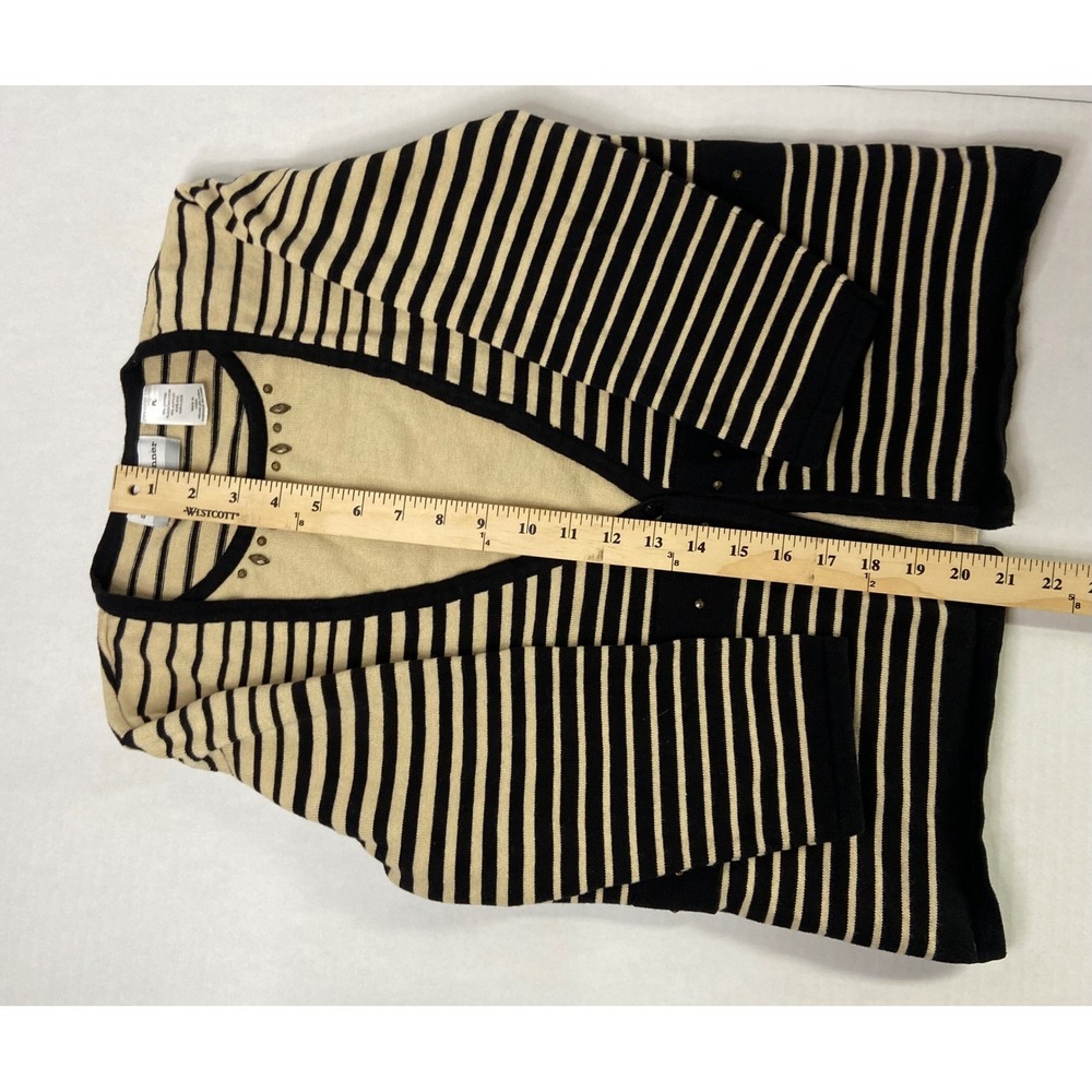 Alfred Dunner Petite Cardigan‎ Sweater Top Tan Black Striped Beaded Size PL - Picture 7 of 9